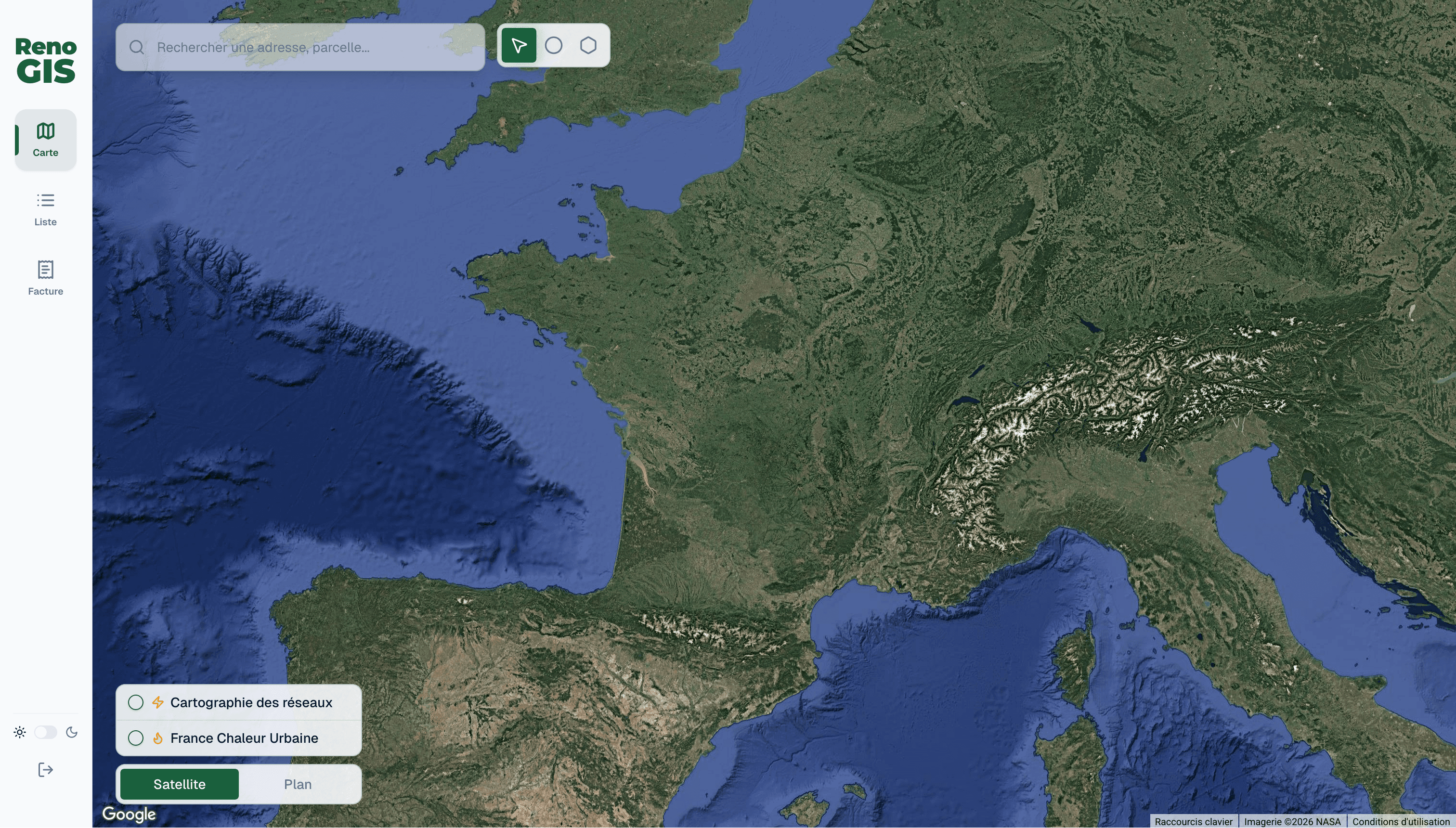 Interface de recherche RenoGIS — carte avec outils de sélection
